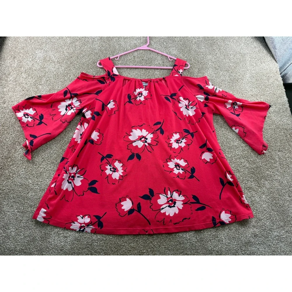 Catherines Womens 1X Red Floral Cold Shoulder Bell Sleeve Blouse Top 18 20W Plus - Picture 2 of 10